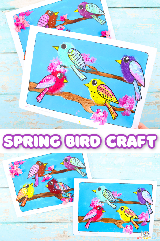 Image of a colorful Spring Tree and Bird Craft, featuring vibrant painted birds perched on lifelike birch trees. Perfect for kids of all ages, this delightful project combines painting fun with creative exploration. Easy-to-follow templates included!