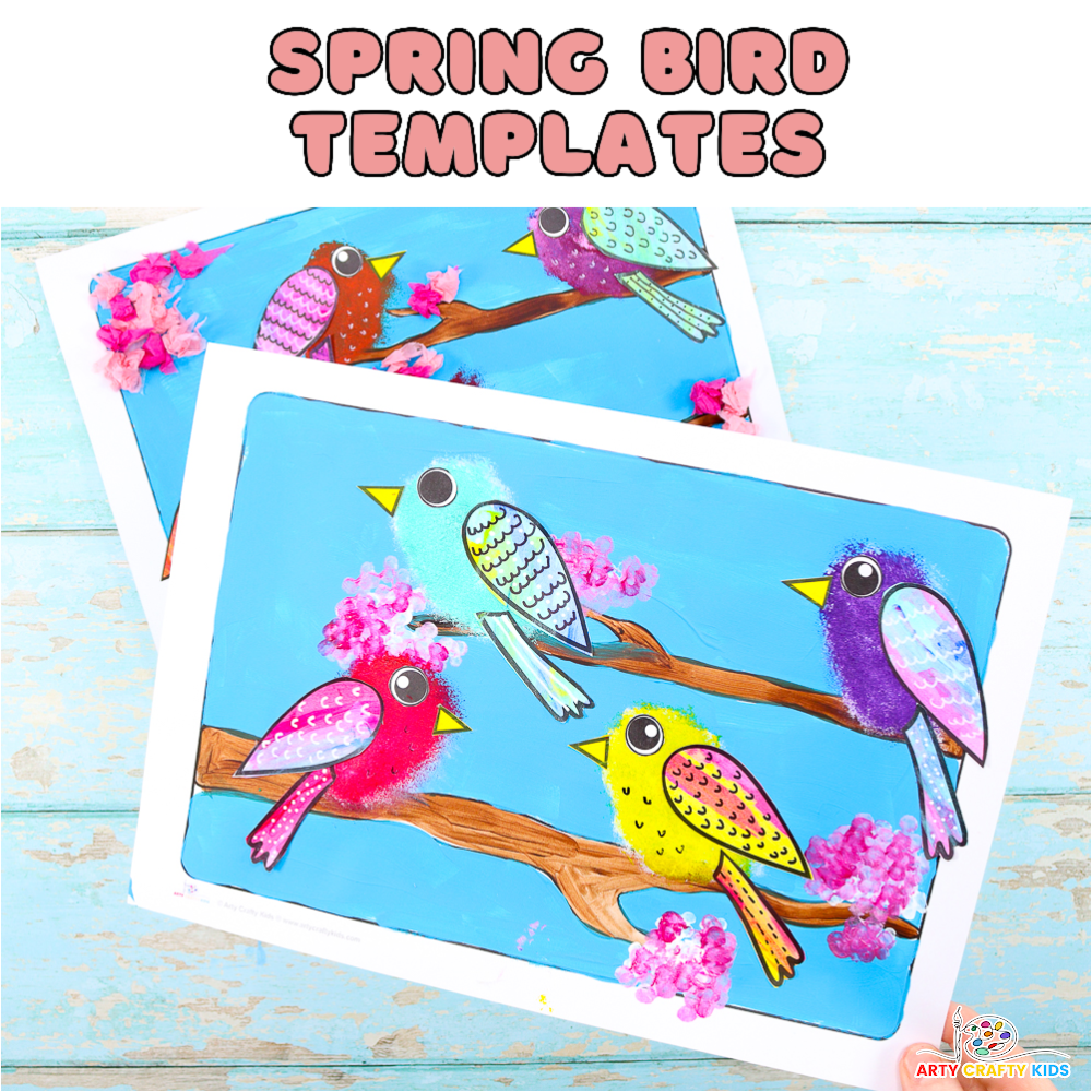 mage of a colorful Spring Tree and Bird Craft, featuring vibrant painted birds perched on lifelike birch trees. Perfect for kids of all ages, this delightful project combines painting fun with creative exploration. Easy-to-follow templates included!