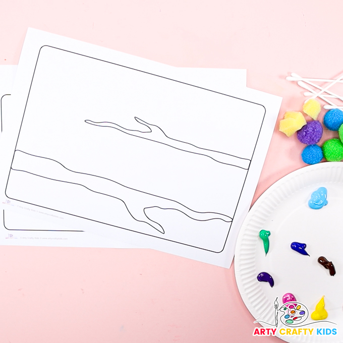 Image of the Spring Tree and Bird Craft template with sponges, pom-poms, q-tips and paint.