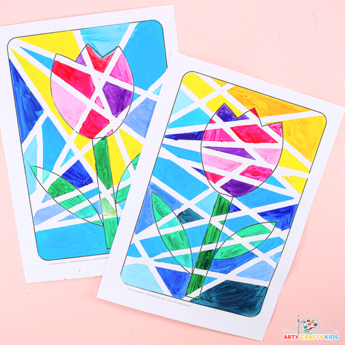 Tape Resist Tulip Painting: Colorful tulip art created with tape resist technique. Perfect for kids' crafts, this vibrant project adds a touch of spring to any space