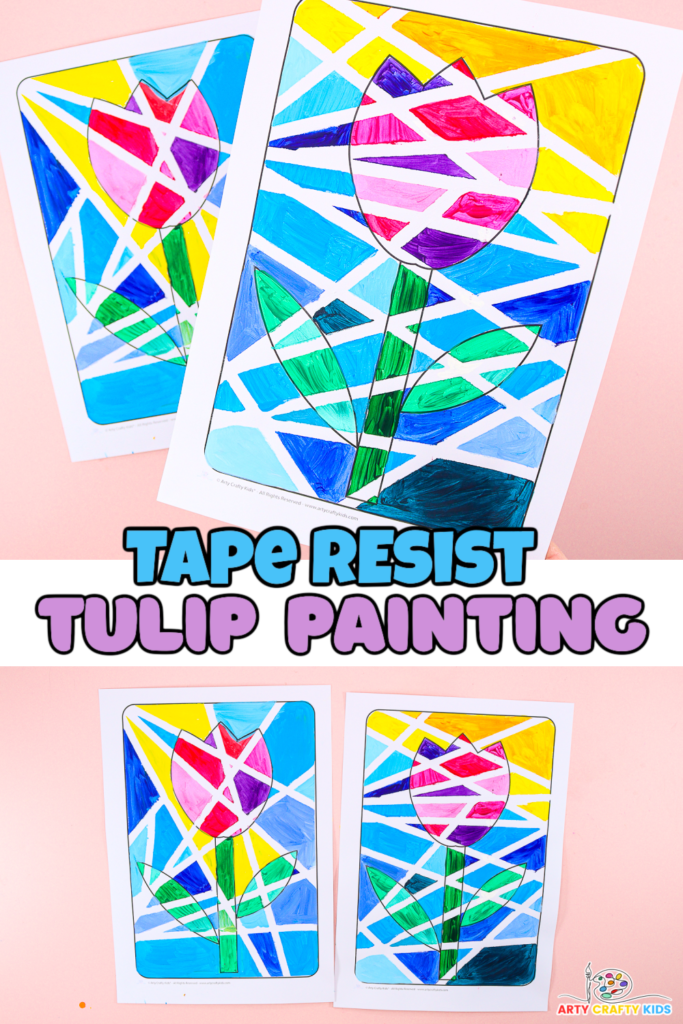 Tape Resist Tulip Painting: Colorful tulip art created with tape resist technique. Perfect for kids' crafts, this vibrant project adds a touch of spring to any space