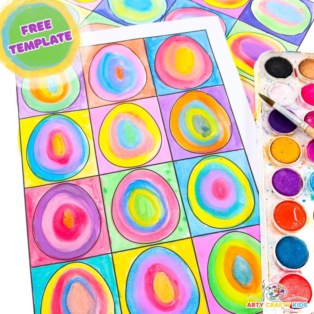 Kandinsky inspired Watercolor Easter egg art for kids. Complete with a free template!