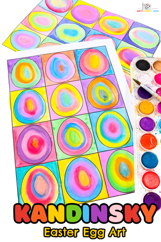 Kandinsky inspired Watercolor Easter egg art for kids. Complete with a free template!