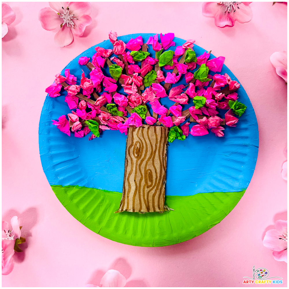 Paper Plate Spring Tree Craft for Kids and Preschoolers. Featuring a Spring Blossom Tree made from cardboard and tissue paper on a paper plate.