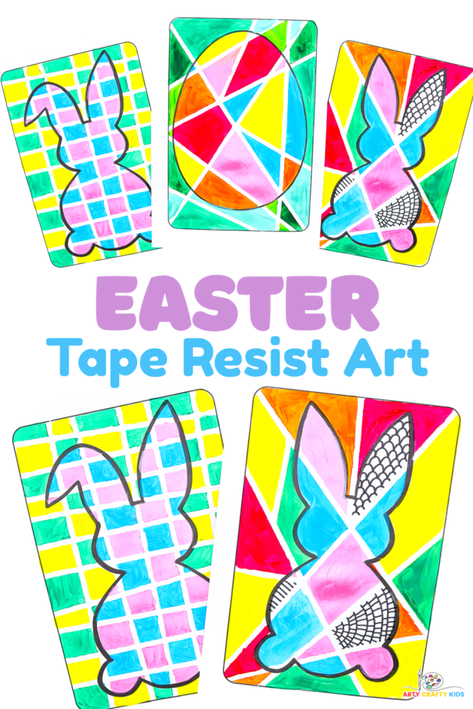 Colorful Easter art using the tape resist technique. Featuring cute bunny and Easter egg templates. An art idea for kids of all ages!