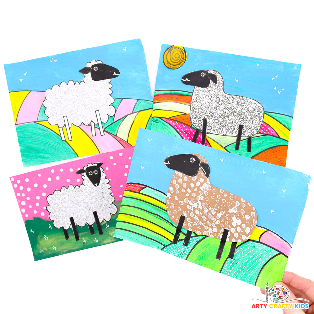 4 completed abstract sheep art projects. Some with grassy grounds and simplified printed sheep bodies.
