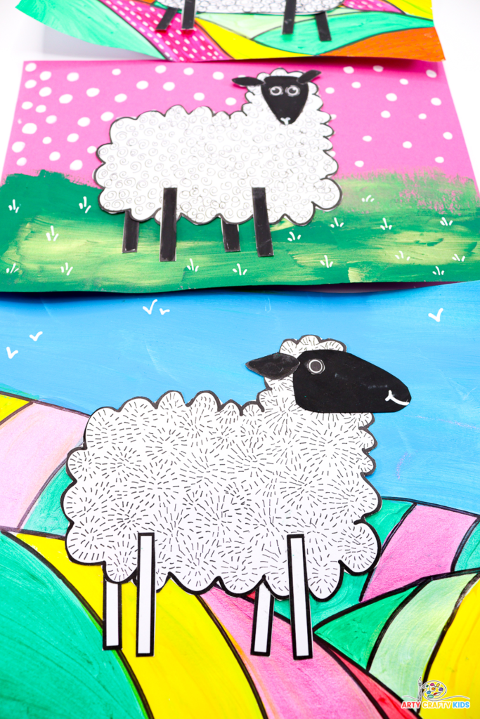 Abstract sheep art and craft idea featuring a completed sheep affixed to a painted abstract landscape.