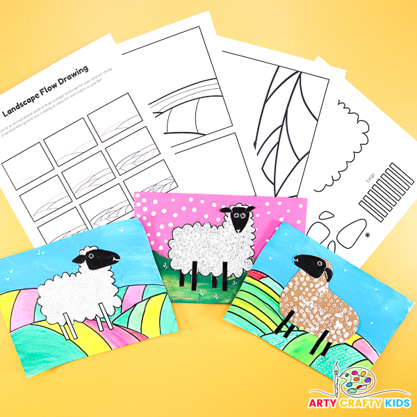Abstract Sheep Art and Craft with printable sheep templates, how to draw a landscape and pre-drawn landscapes to color.