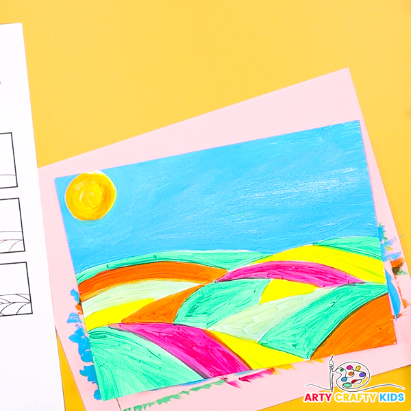 Image of a completed landscape with a bright yellow sun, blue sky and painted hills.