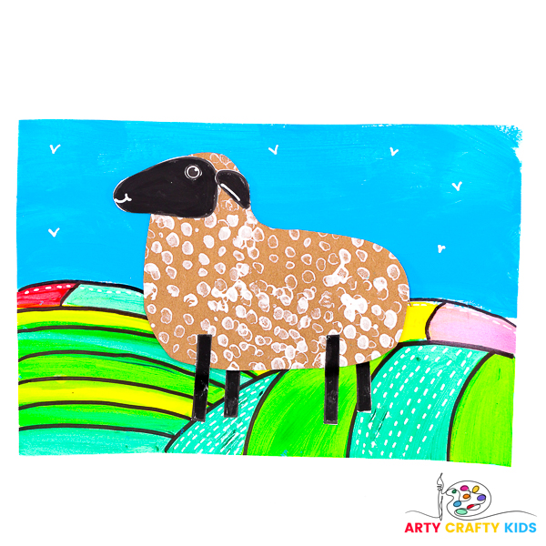 Bubble wrap printed sheep on a colorful painted landscape.