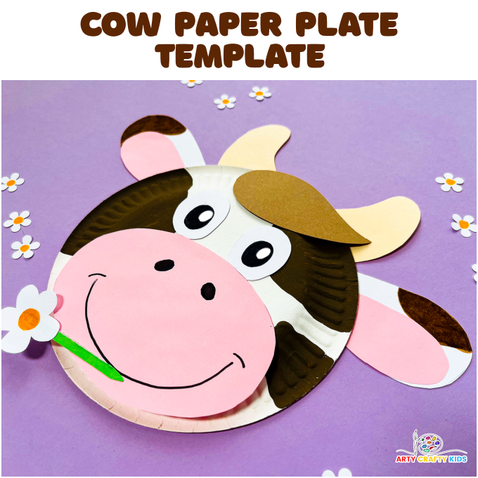 A completed paper plate cow craft featuring a white paper plate with brown and white spots, big dow eyes, a smiley face, two brown horns, and a tuft of brown paper as hair. Advertising cow paper plate template.