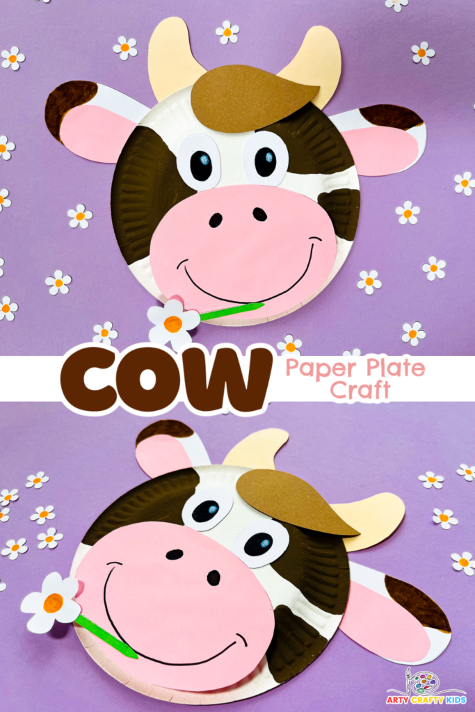 Paper Plate Cow Craft for  kids to make. Featuring a cow with brown spots and a cute daisy in its mouth. Complete with template.