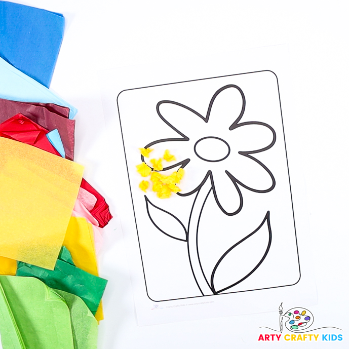 Image of a flower templates and a collection of yellow tissue paper balls.