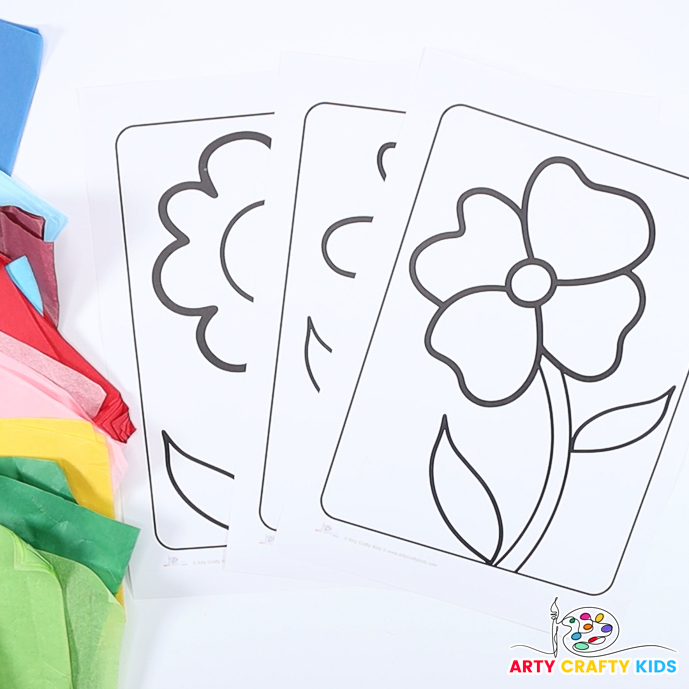 Image featuring 3 flower templates for children to fill with tissue paper.