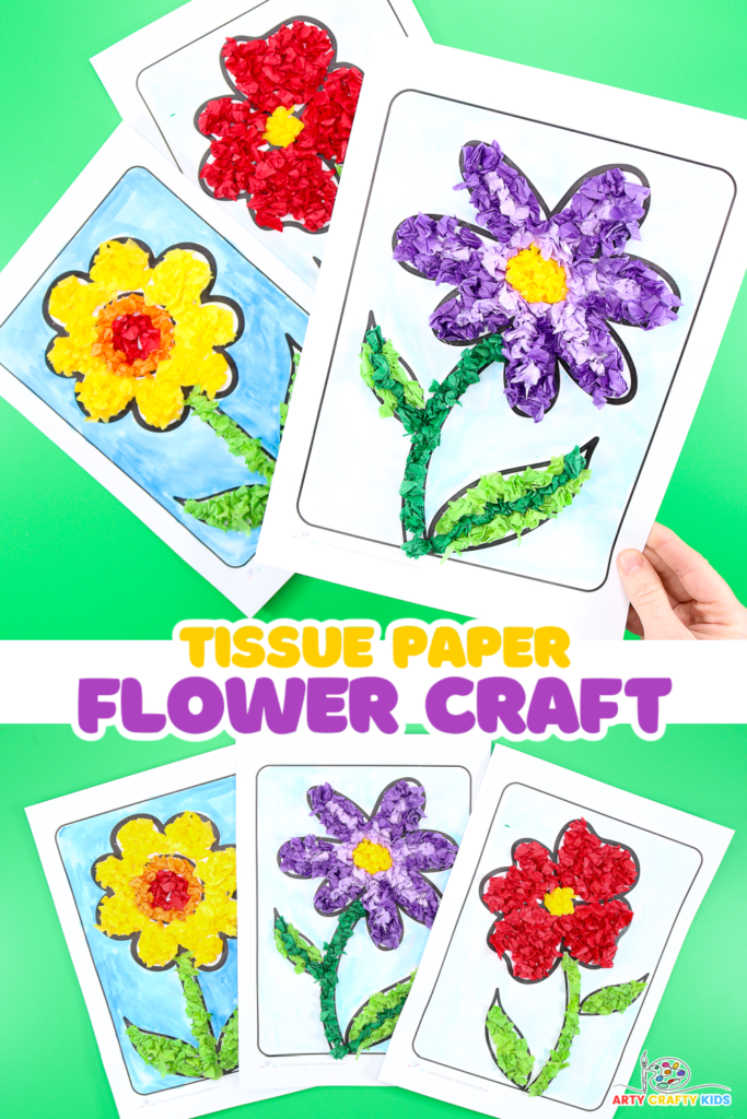 Tissue paper flower craft for preschoolers. Complete with flower templates.