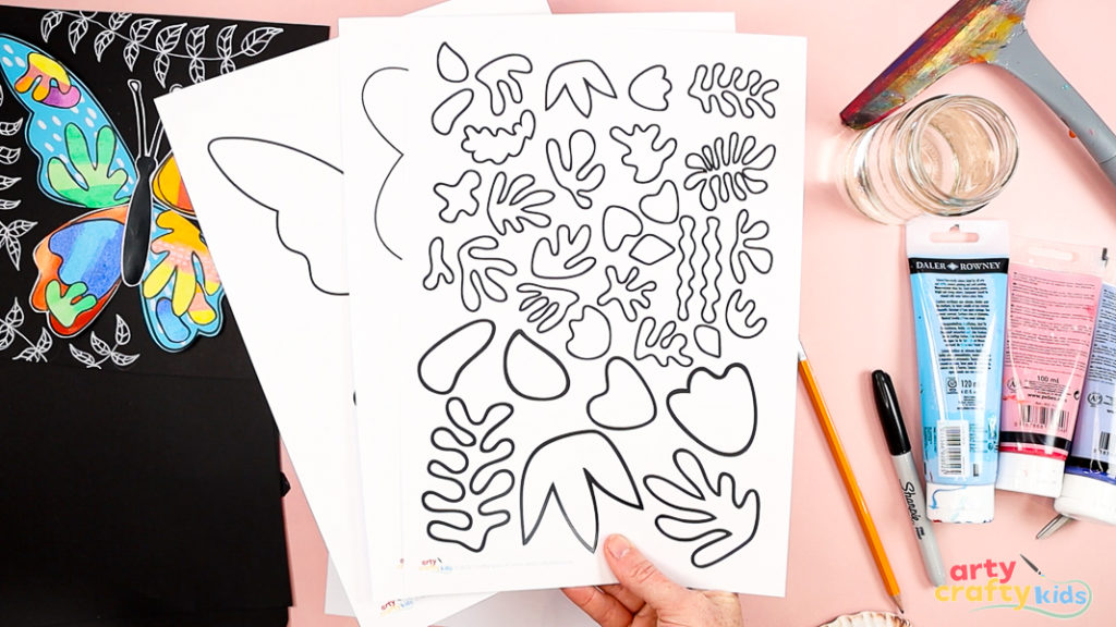 Image featuring a collection of Matisse-inspired shapes for coloring and collaging.