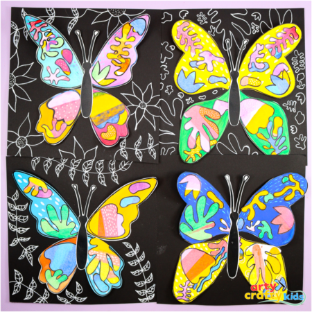 Four colorful Matisse butterfly art collages, displayed on black paper with white doodle designs around each butterfly. Each butterfly is decorated with layered, abstract paper shapes in bold, bright colors