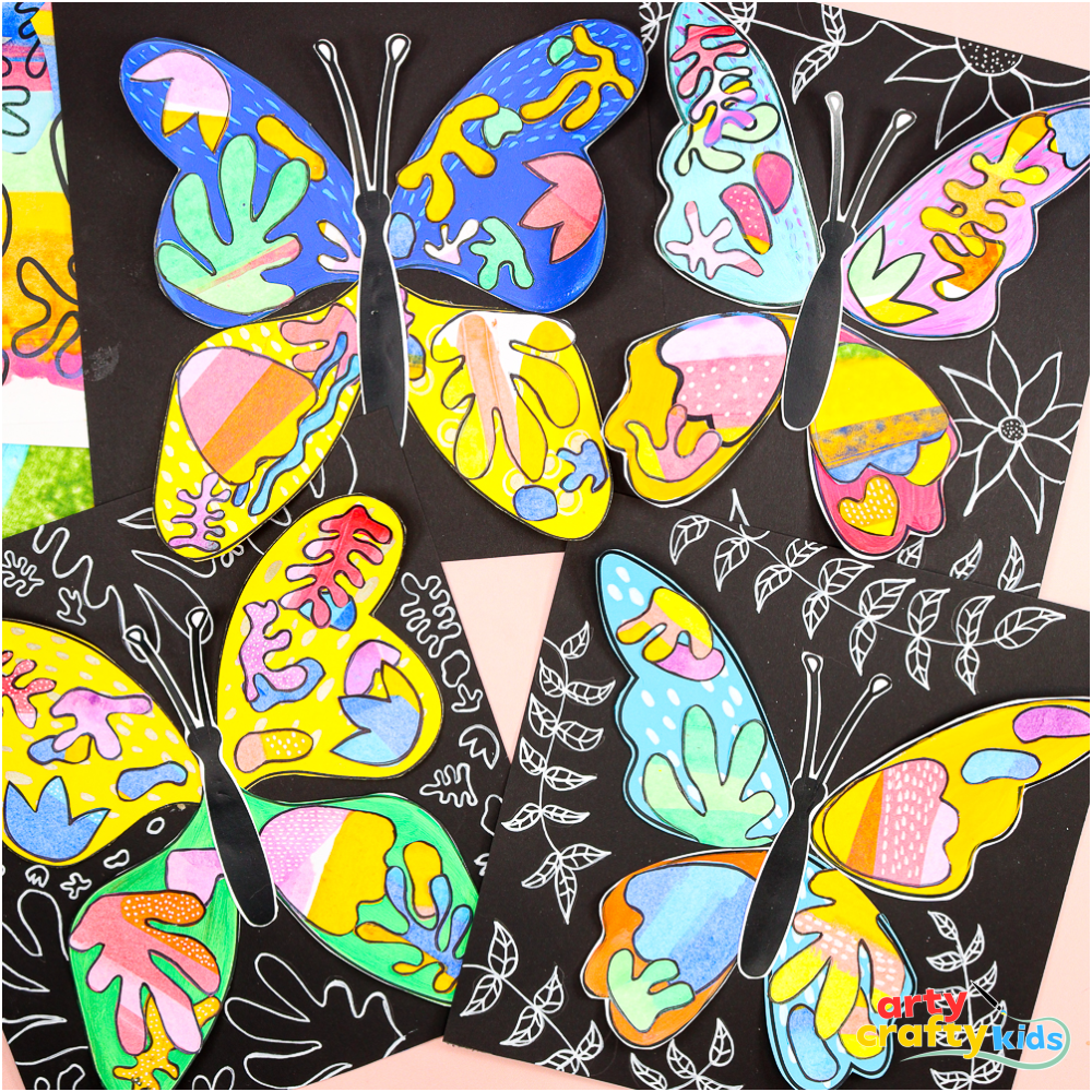 Kids’ art inspired by Henri Matisse, showing vibrant butterfly collages with layered paper shapes and contrast-rich black backgrounds.
