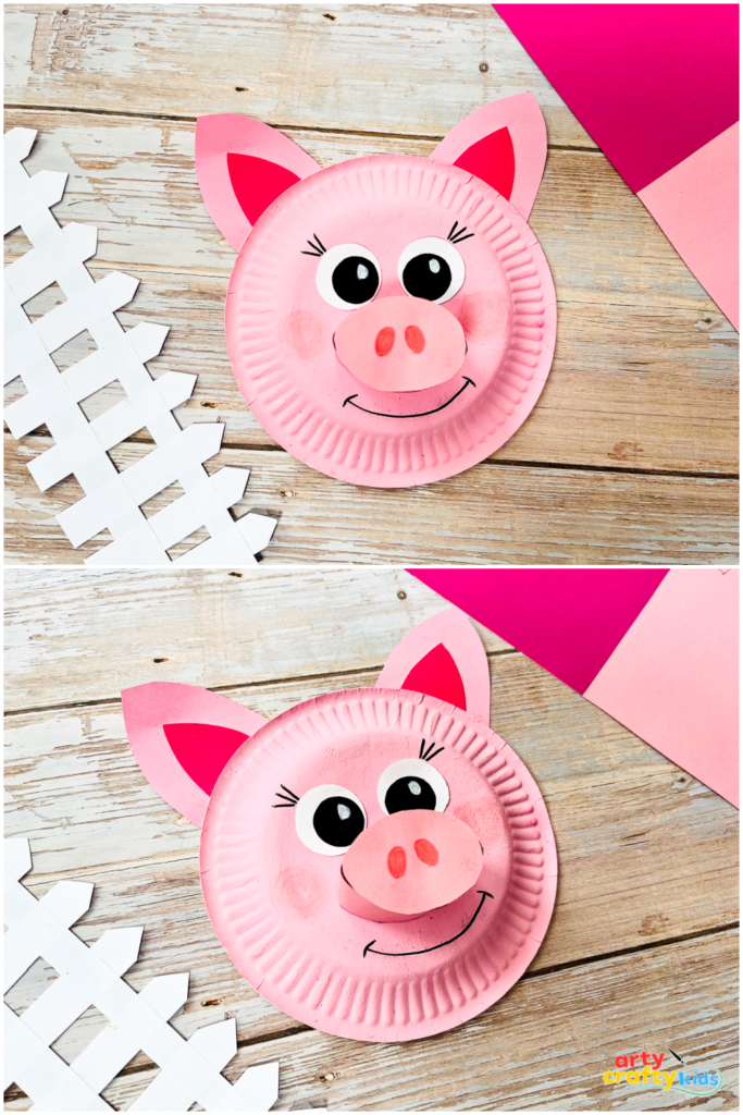 Easy paper plate pig craft for kids featuring a pink painted plate, 3D snout made from a cardboard roll, and big expressive eyes – perfect for preschool farm animal activities.