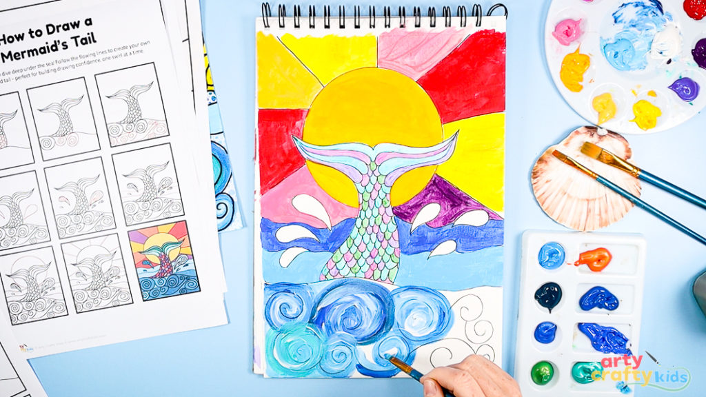 Image of Step 8: Painting the ocean waves with blues, greens, and white using curved brushstrokes to create a swirly, flowing sea texture.
