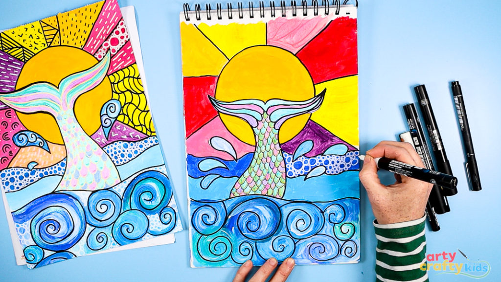 Image of Step 10: Adding patterns and doodles using white, black, and metallic pens—circles in the waves and line patterns in the sun for added texture and detail.