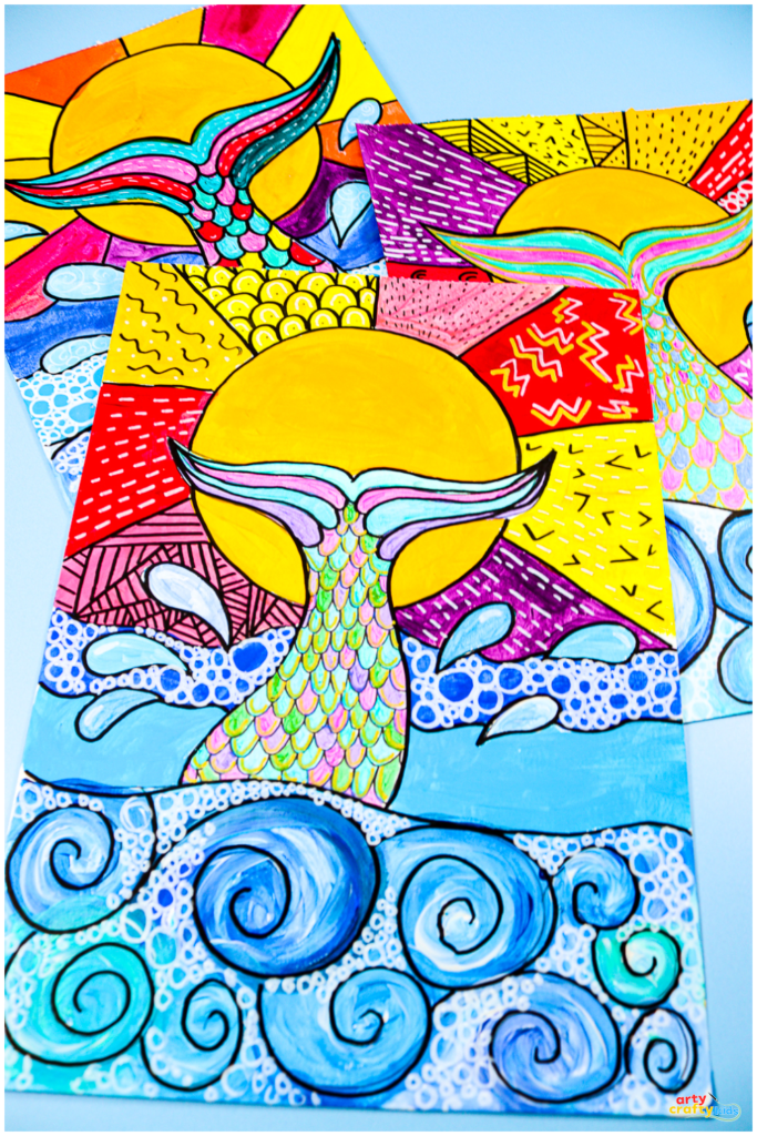Step-by-step mermaid tail drawing tutorial for kids with printable template, featuring flow drawing lines, scale patterns, and vibrant acrylic paint in warm and cool colors.