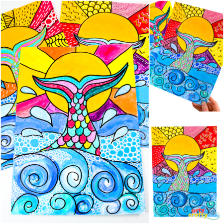 Learn how to draw and paint a mermaid’s tail with this fun, step-by-step summer art project for kids. Explore flow drawing, warm and cool color contrasts, and pop art-inspired outlines.