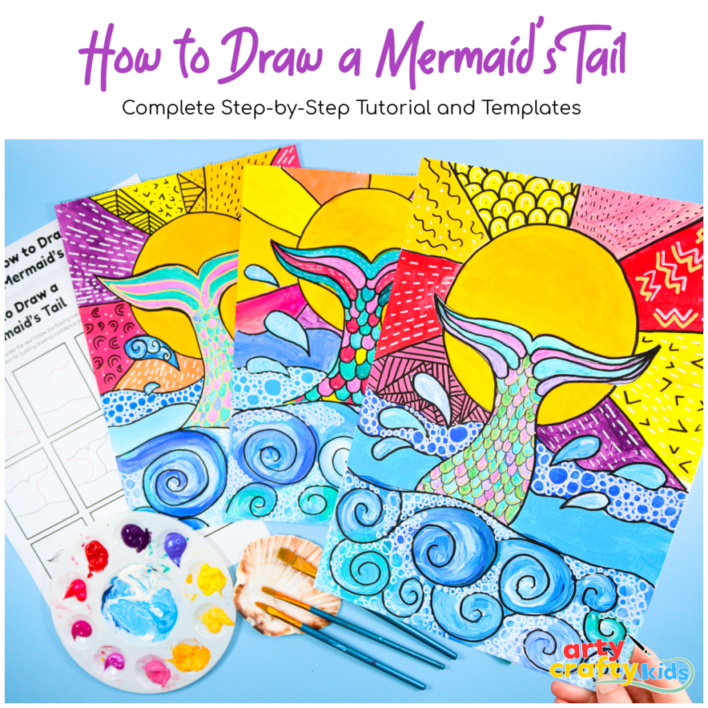 Learn how to draw and paint a mermaid’s tail with this fun, step-by-step summer art project for kids. Explore flow drawing, warm and cool color contrasts, and pop art-inspired outlines.