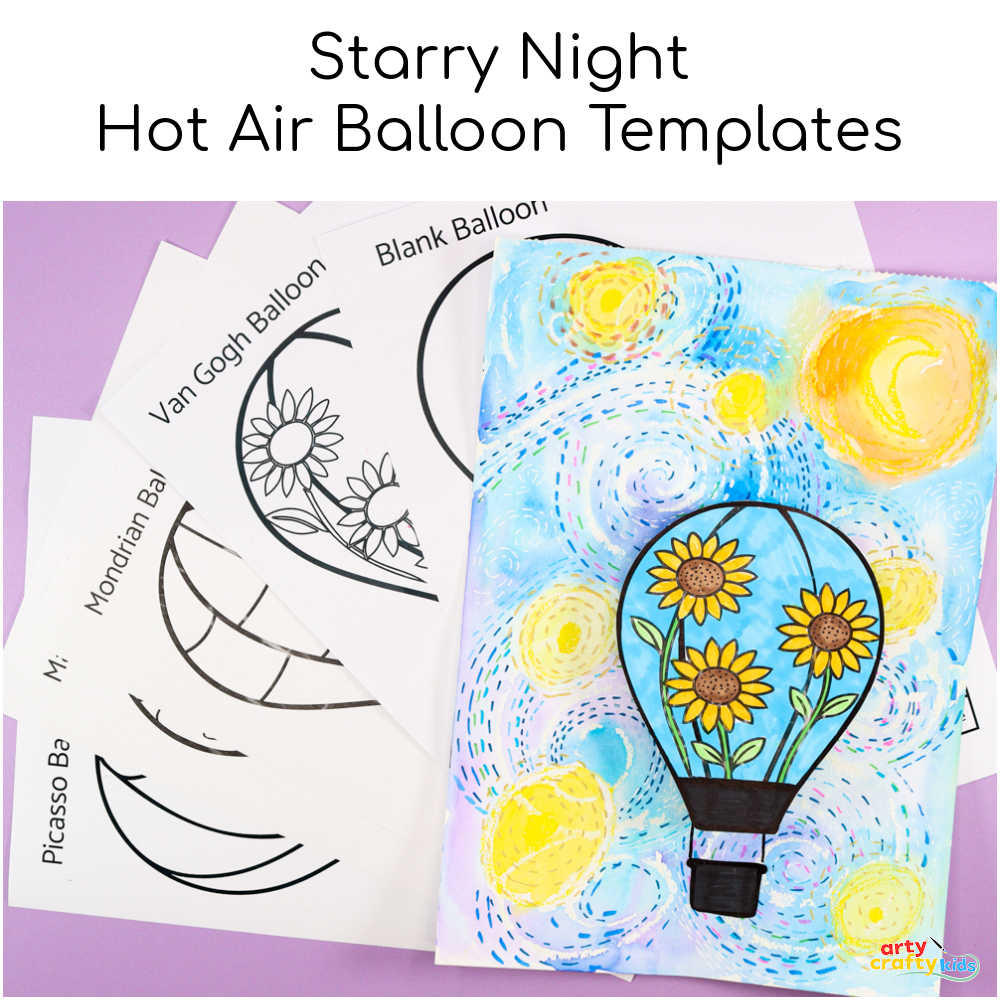 Van Gogh’s Starry Night Hot Air Balloon Art Project for Kids featuring resist art, watercolor techniques, and mixed media with artist-inspired balloon template designs on a vibrant starry night background.