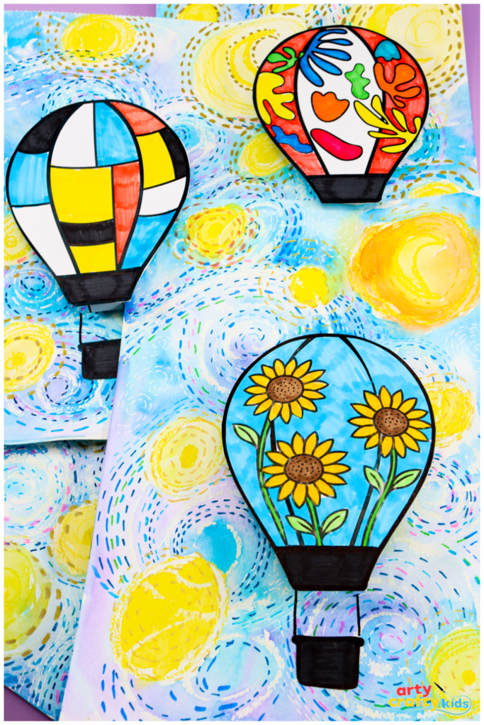 Van Gogh’s Starry Night Hot Air Balloon Art Project for Kids featuring resist art, watercolor techniques, and mixed media with artist-inspired balloon designs on a vibrant starry night background.