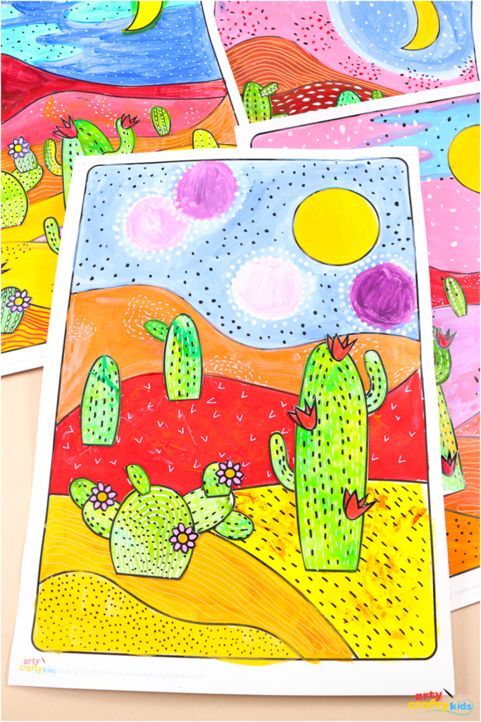 Layered desert art collage with analogous colors and hand-cut painted cactus elements.