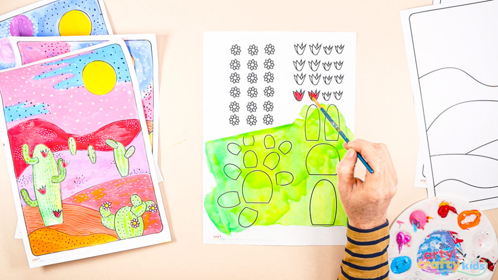 Painted desert landscape art for kids alongside cactus collage templates with green and yellow paint, ready for a mixed-media art activity.