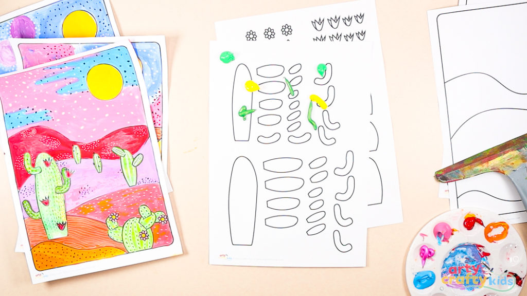 Painted desert landscape art for kids alongside cactus collage templates with green and yellow paint, ready for a mixed-media art activity.