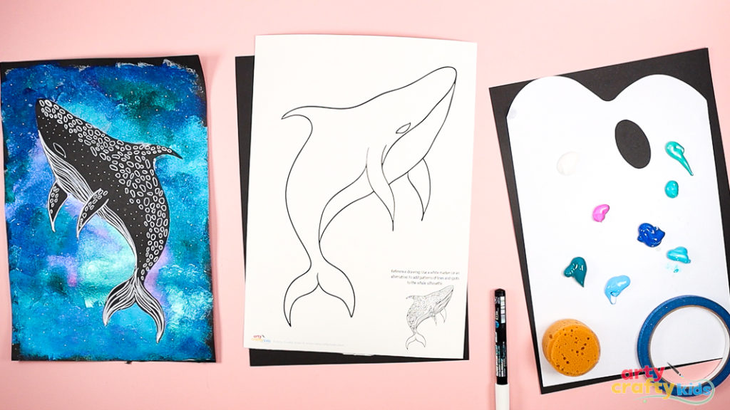 Image featuring a completed whale shark silhouette painting and its template.