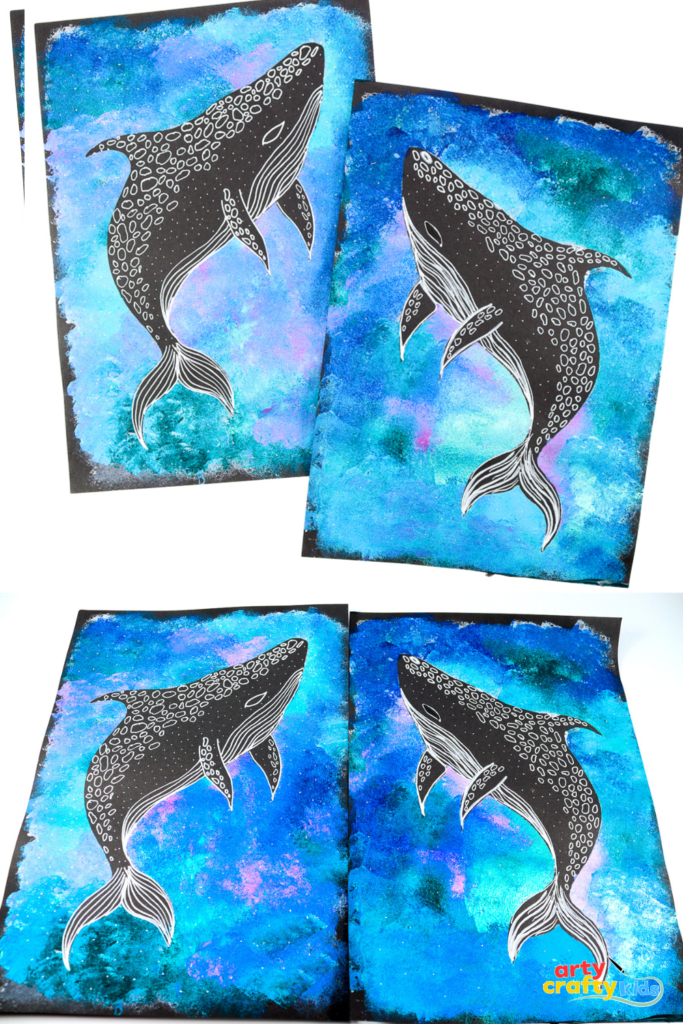 Whale shark silhouette painting featuring a bold black whale shark shape over a textured ocean background in shades of blue, purple, and pink. The silhouette is decorated with white line patterns and dots to mimic the whale shark’s markings. A simple ocean-themed art project for kids.