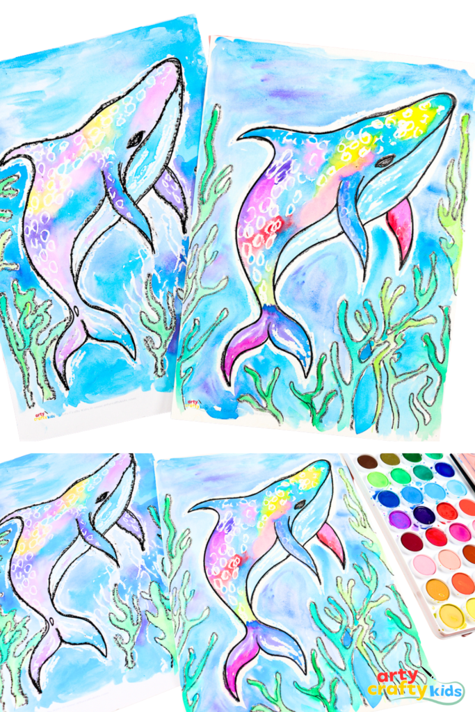 Colorful whale shark watercolor artwork with white crayon detailing and overlapping sea plants drawn in black crayon.