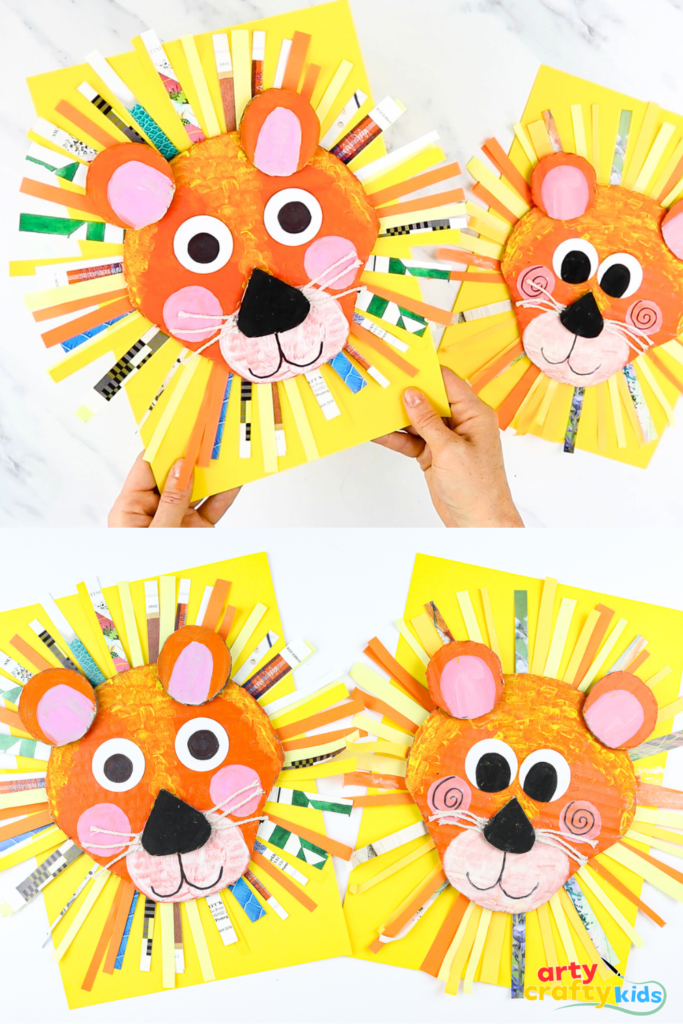 Bright and cheerful recycled cardboard lion craft for kids, featuring a colourful paper mane made from magazine strips, rosy pink cheeks, and string whiskers.