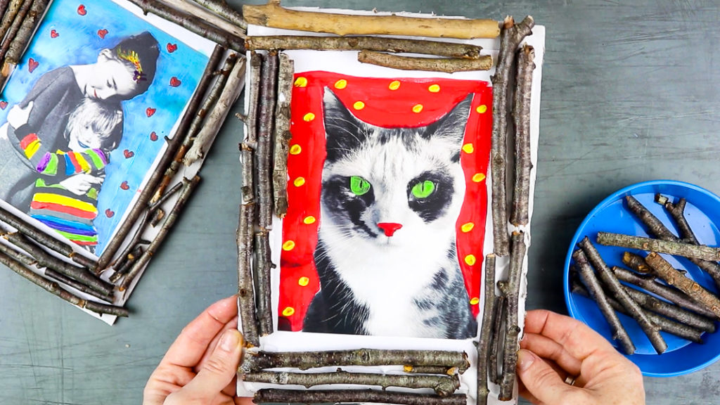 Step-by-step kids’ nature craft using sticks, cardboard, and paint to make a homemade picture frame.