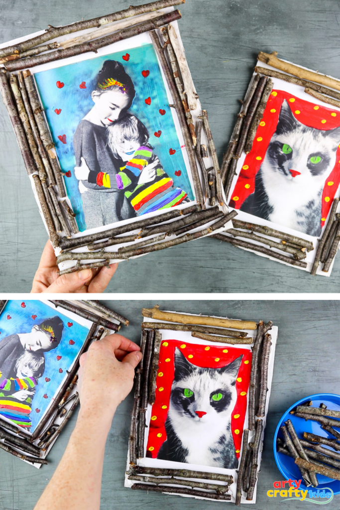 Step-by-step kids’ nature craft using sticks, cardboard, and paint to make a homemade picture frame.