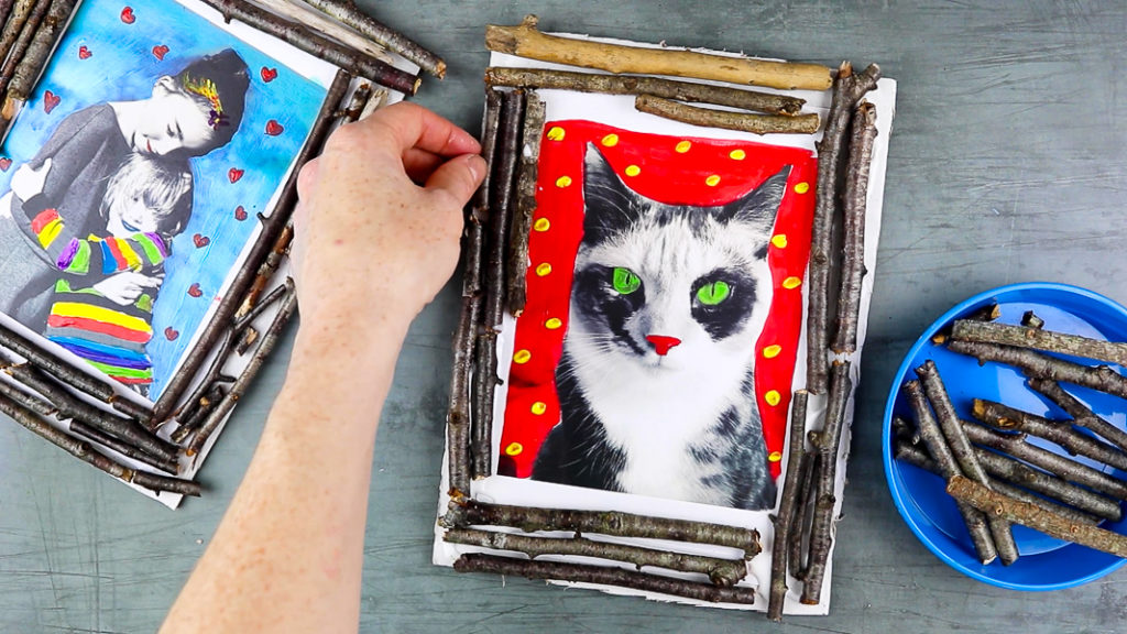 Step-by-step kids’ nature craft using sticks, cardboard, and paint to make a homemade picture frame.