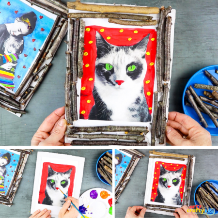 Create a rustic twig photo frame craft with kids! Paint a black-and-white photo for a fun pop-art twist, then frame it with sticks collected on nature walks. Perfect for preschool, classrooms, and easy nature crafts at home.