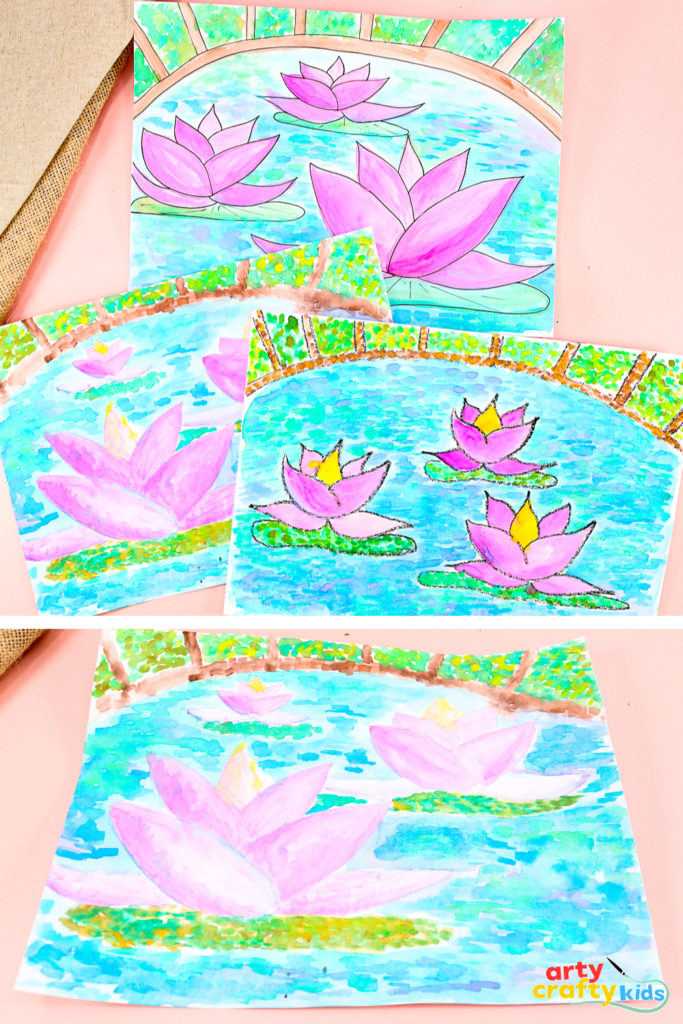 Monet inspired watercolor water lily painting for kids showing soft blues, greens, and pinks with Impressionist-style brushstrokes.