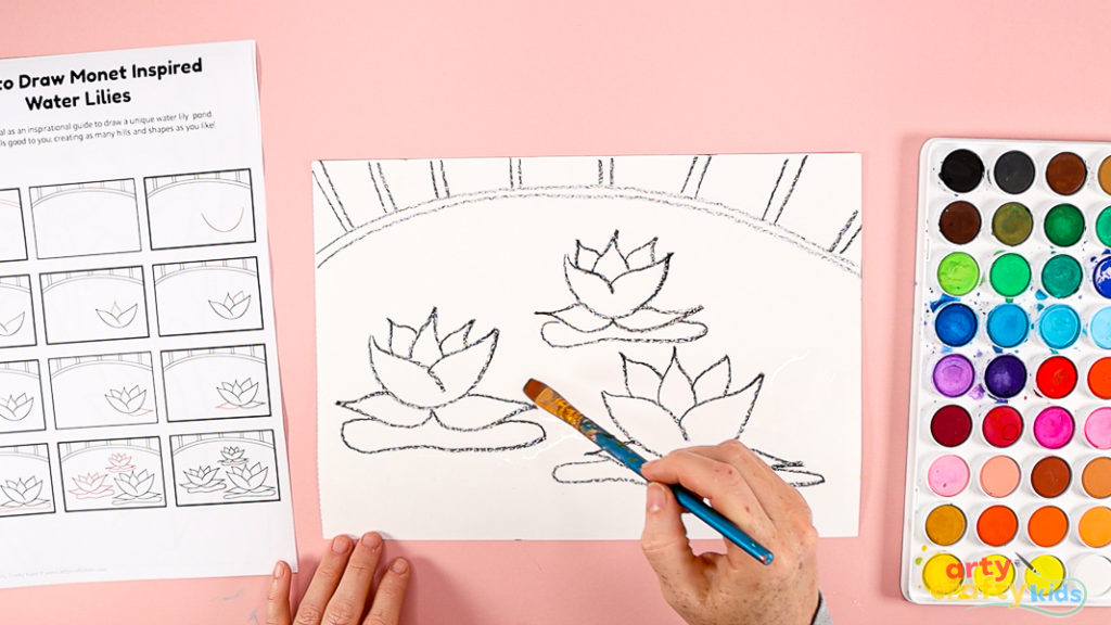 Features a hand applying clear water around the drawn water lilies.