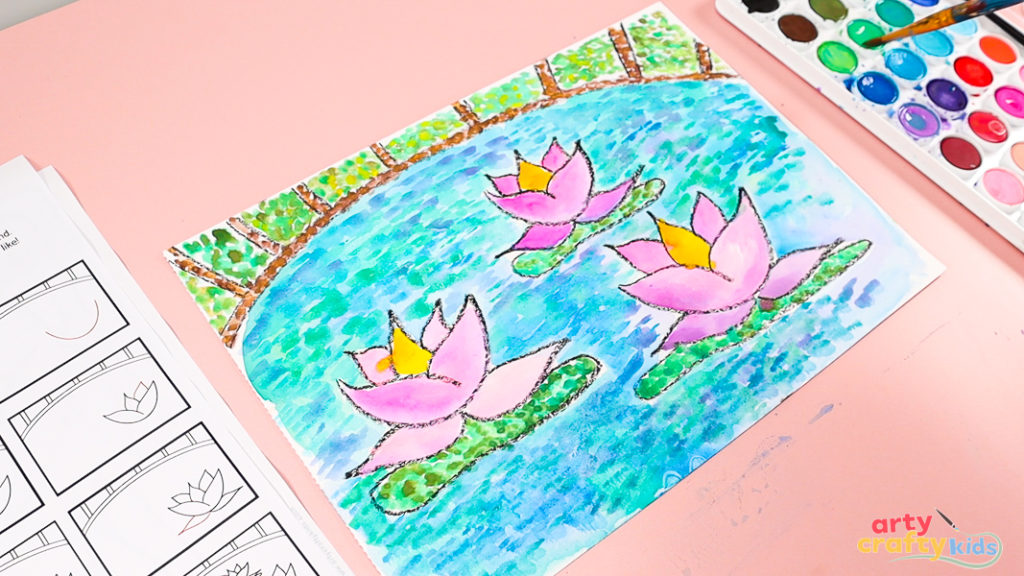 Monet-inspired watercolor water lily painting for kids showing soft blues, greens, and pinks with Impressionist-style brushstrokes.