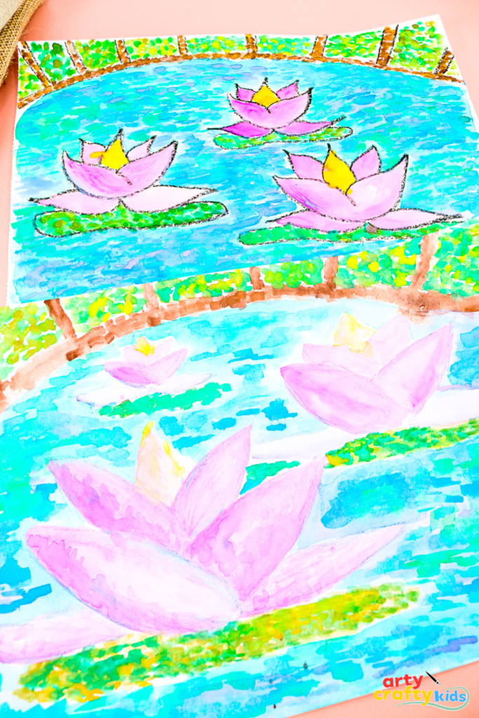 Monet-inspired watercolor water lily painting for kids showing soft blues, greens, and pinks with Impressionist-style brushstrokes.