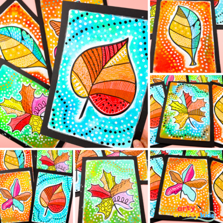 Step-by-step kids’ leaf painting project featuring bright seasonal colors, patterns, and creative mark-making.