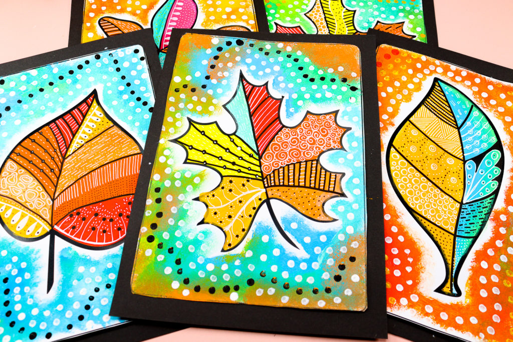 Step-by-step kids’ leaf painting project featuring bright seasonal colors, patterns, and creative mark-making.