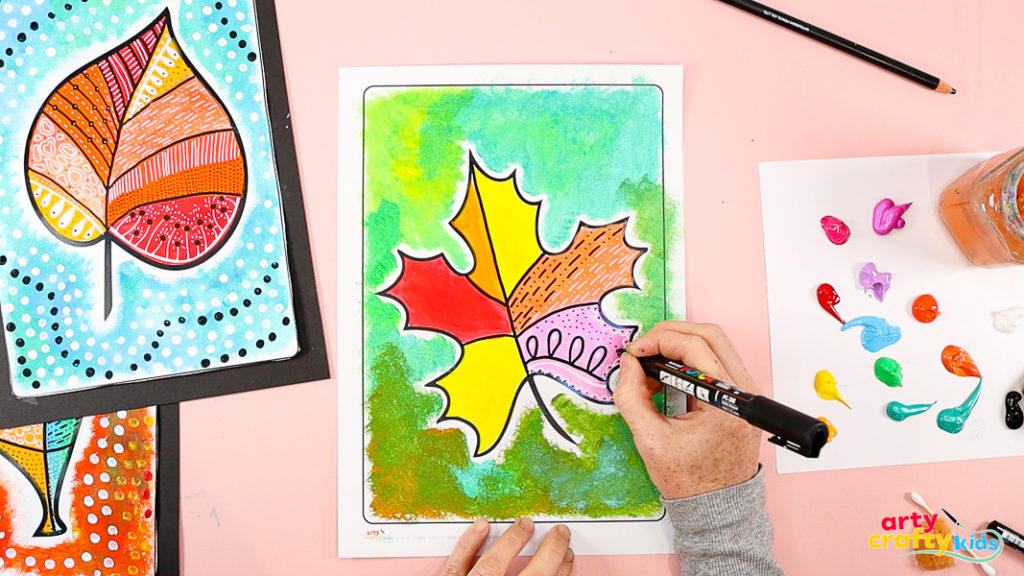 Pattern and line marking within the fall leaf painting. 