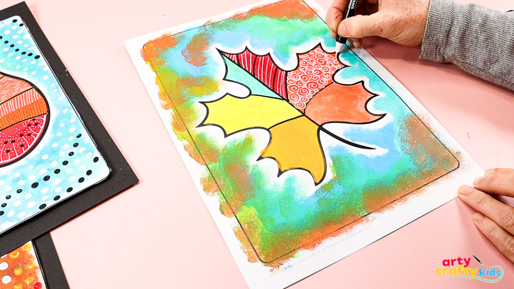 Pattern and line marking within the fall leaf painting. 