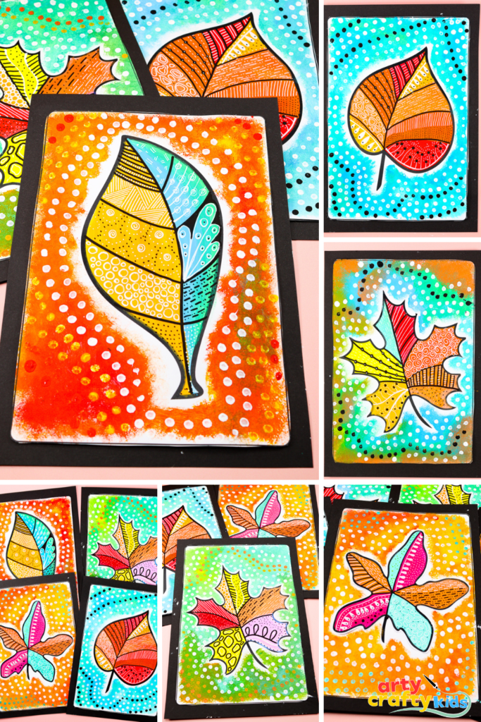 Fall leaf painting for kids with bold patterns, contrasting colors, and a dotted outline effect.